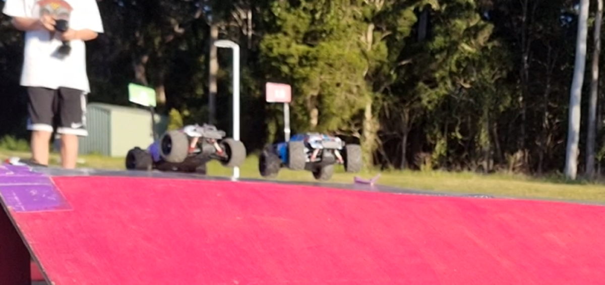 RC car launching off ramp