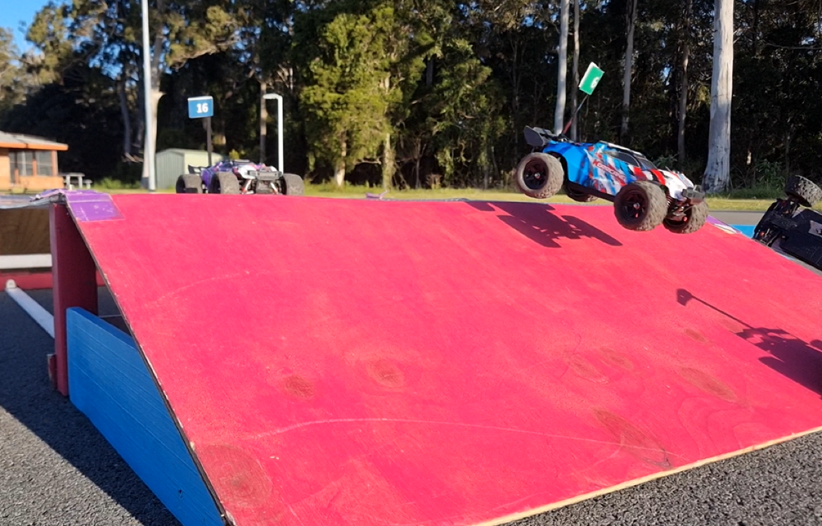 RC car flying off ramp