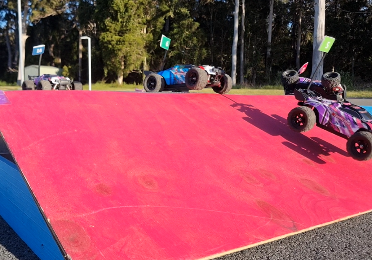 RC car airborn in the arena