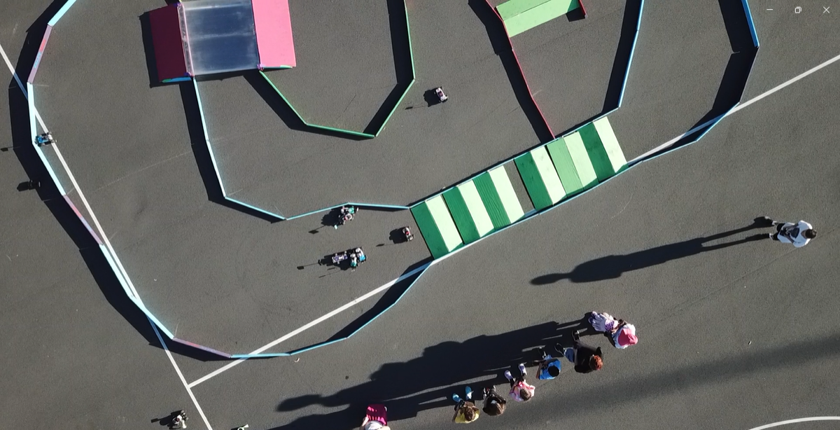 Drone view of kids racing RC cars