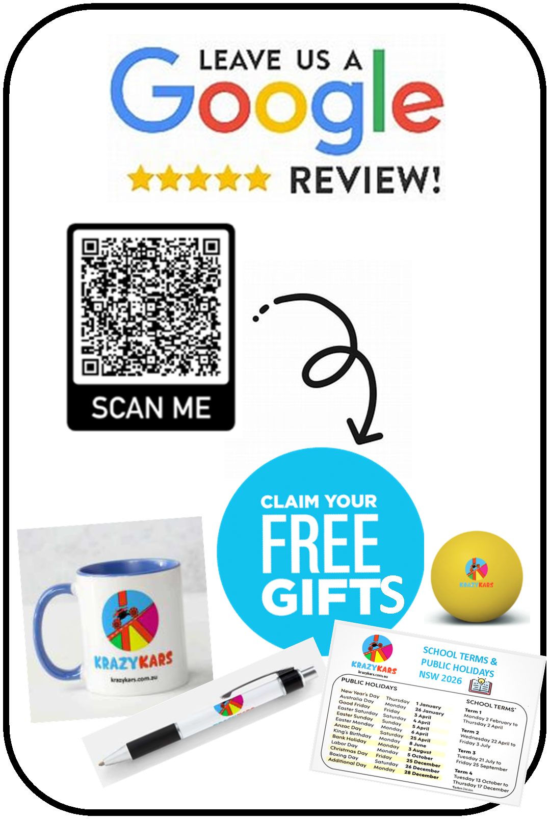 Krazy Kars Google Review Flyer - Leave a review and receive a free gift