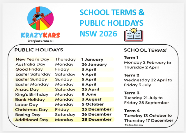 2026 Krazy Kars School Terms and Holidays Schedule